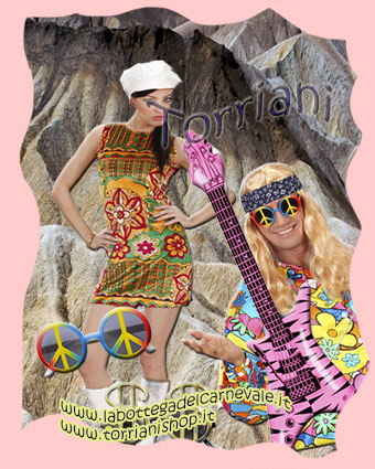 Festa Hippie: costumi, camicie, chitarra gonfiabile, occhiali della pace, medaglioni e collane con simbolo -non fate la guerra, ma fate l'amore, parrucche, set