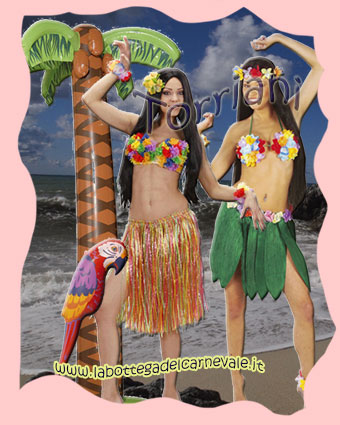 Festa Hawaiana: gonnellini paglia e foglie banana, coroncine e collane fiori, reggiseni conchiglia, palme finte, totem, allestimenti, frutta finta