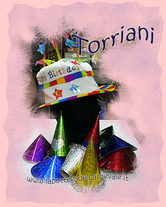 Torriani: cappellini Party, coriandoli, stelle filanti, lingue della suocera(lingua di Menelik), scintilline, candeline magiche (magic flambè), sparacoriandoli