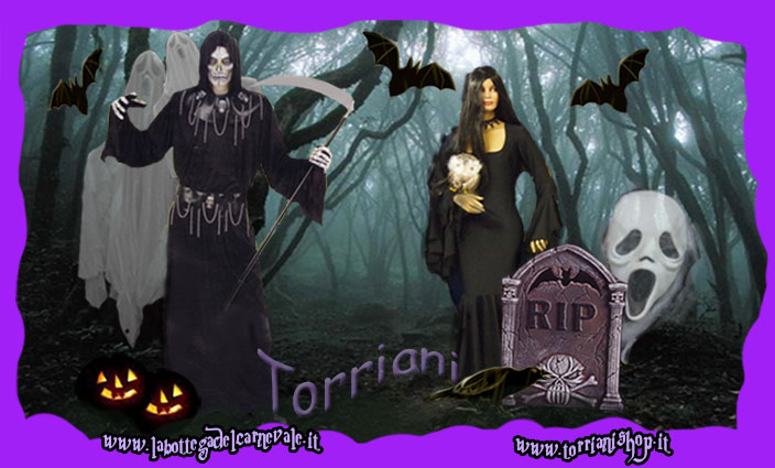 Negozio Torriani Milano Halloween: Costumi da strega, morte, fantasma, vestito Morticia, lumini, candelabri, accessori per streghe, streghette, maghi