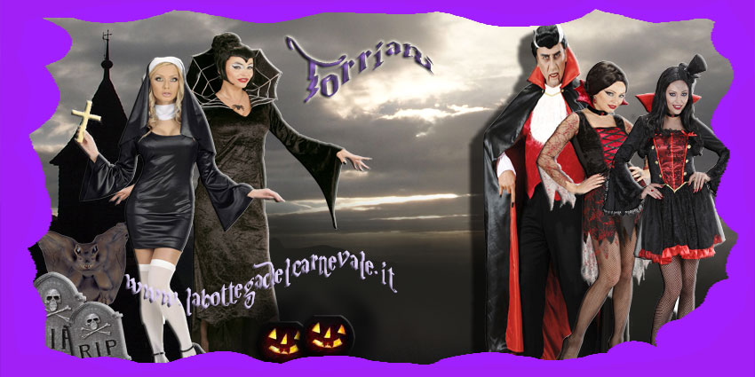 Negozio Torriani a Milano, vendita costumi e travestimenti per Halloween: vampiresse, Dracula il Vampiro, suore gotiche, contessa ragno Aracne, lapidi, pippistrelli, zucche