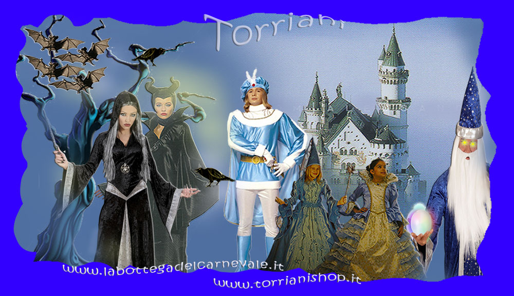 Torriani La Bottega del Carnevale vendita costumi di carnevale per bambini e adulti: streghe, Malefica, Maleficent, regine, principesse, principi e fate