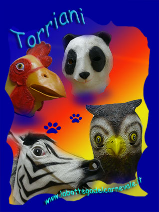 Torriani: maschere in lattice da animali, panda, zebra, gufo, gallina