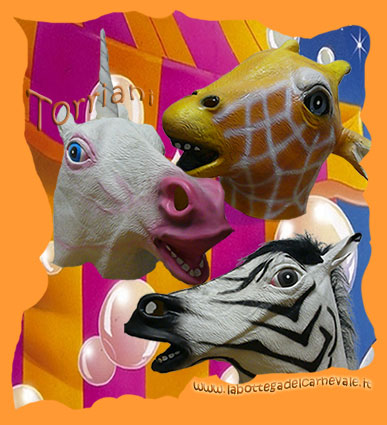 maschere animali del circo, zebre, leoni, giraffe, unicorni, scimmie, tigri